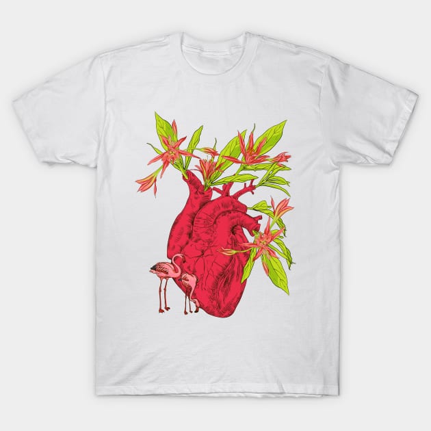 heart with flowers, leaves and birds T-Shirt by Olga Berlet